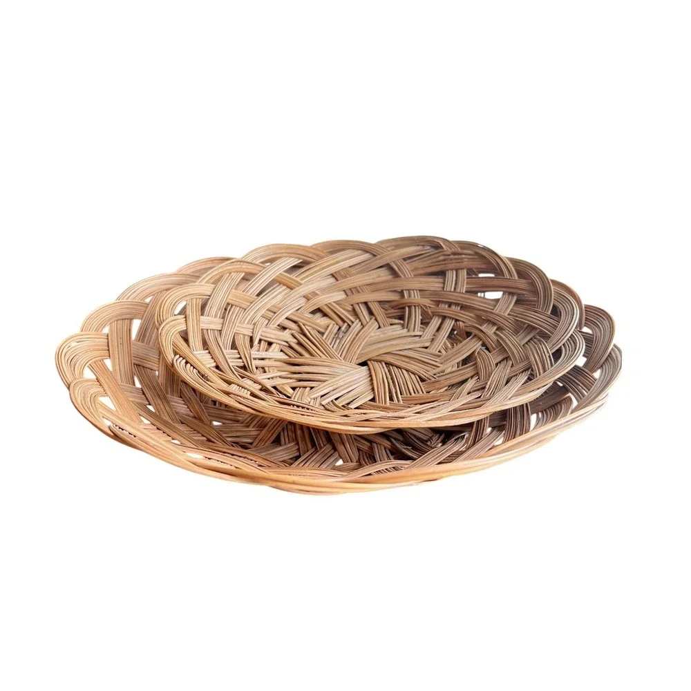 Vtg Woven Rattan Wicker Basket Set 2 Round Boho‎ Hand Made in Philippines Tan